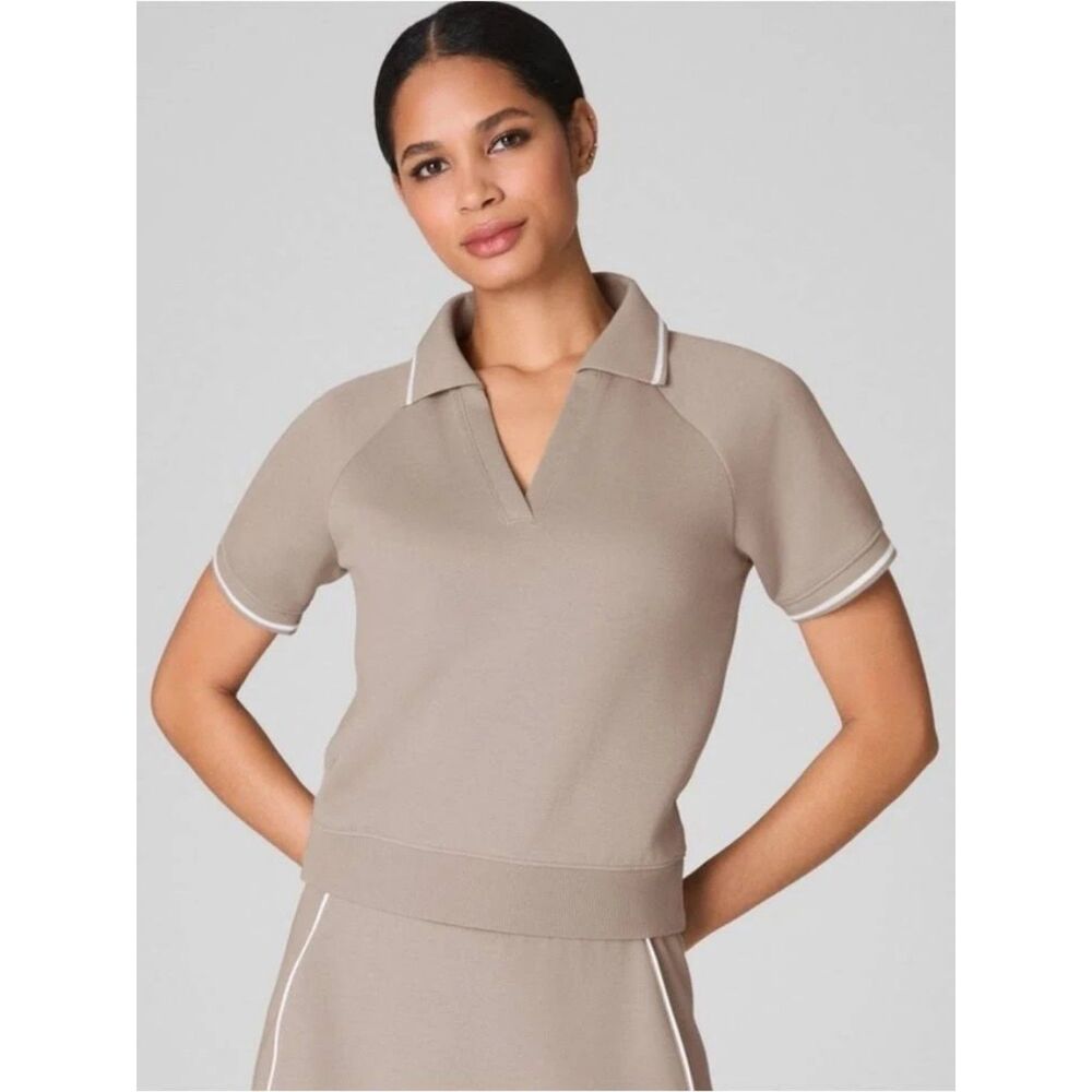 Spanx AirPique Polo Top Ashwood Knit Tipped Trim Preppy Short Sleeve Women S